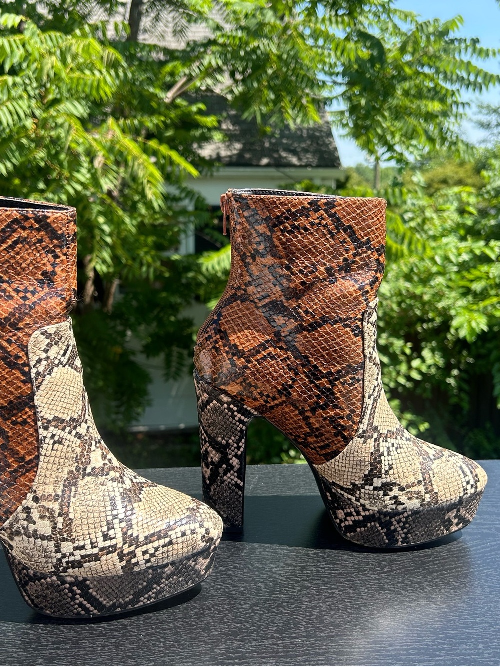 Snake-Print Platform Ankle Boots - Brown/Beige